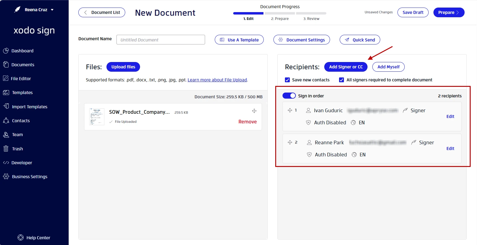 Adding client and authorized signers to a SOW