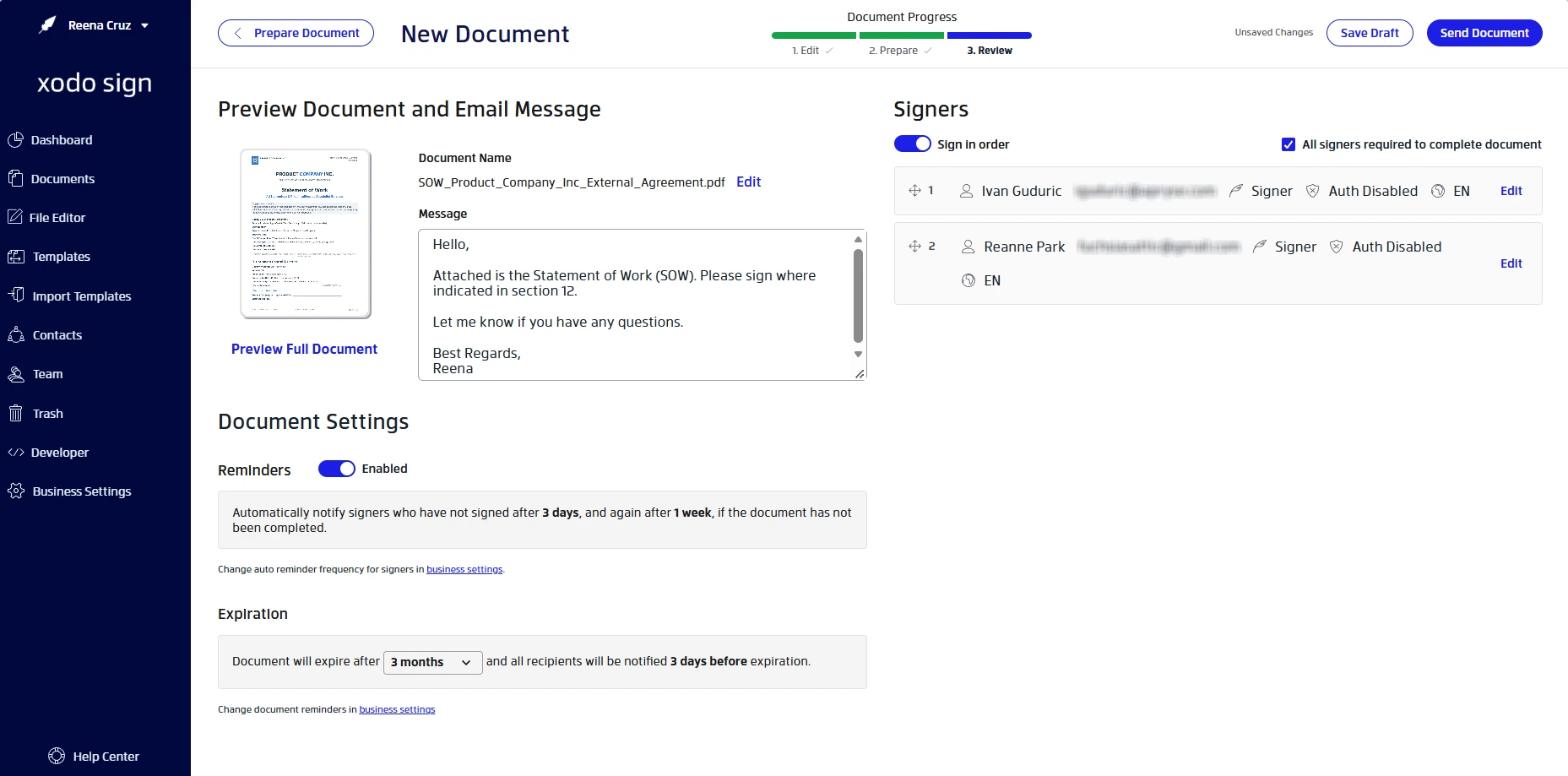 Steps for reviewing the SOW in Xodo Sign