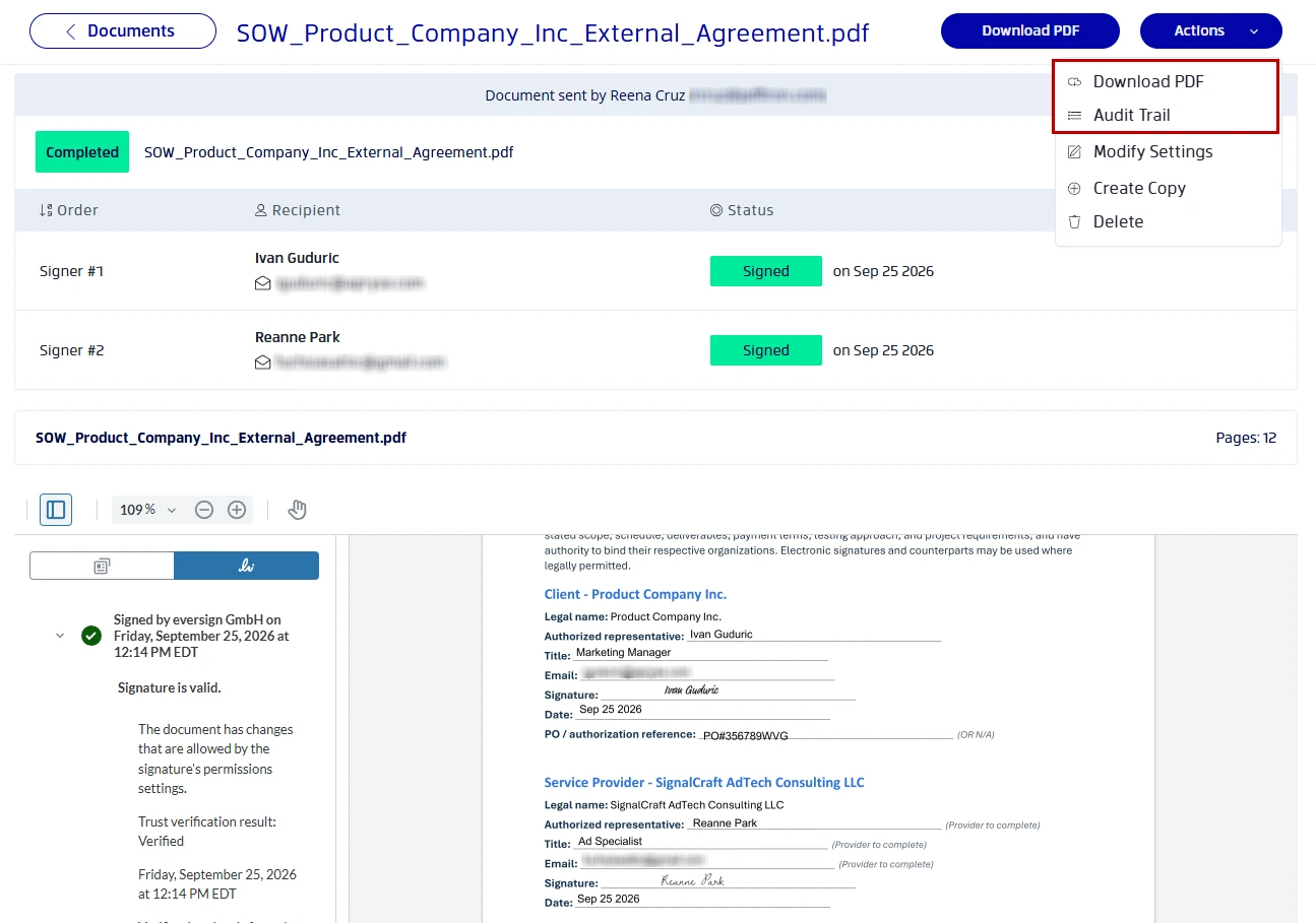 Tracking and downloading a completed SOW