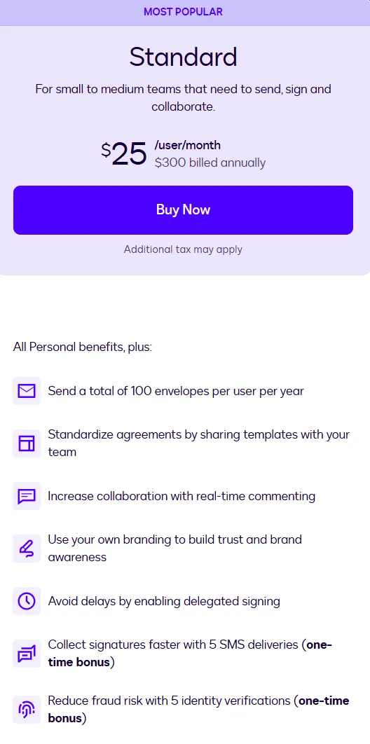 Docusign Standard pricing plan details