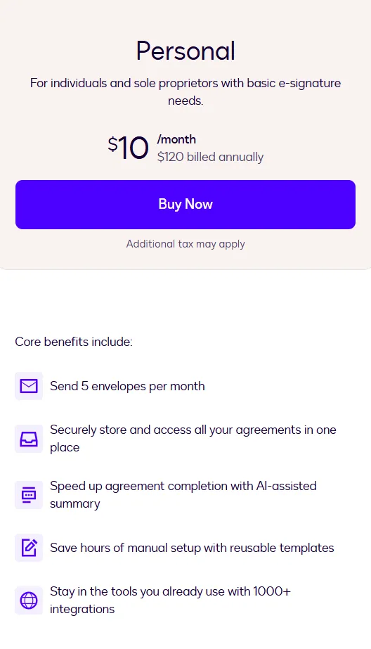 Docusign Personal pricing plan details