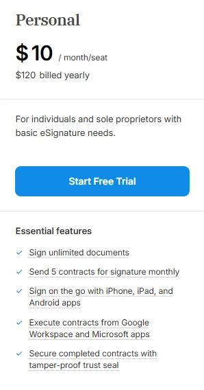 Signeasy Personal plan pricing and details