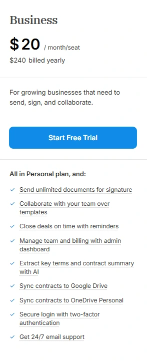 Signeasy Business plan pricing and details