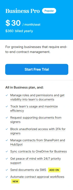 Signeasy Business Pro plan pricing and details