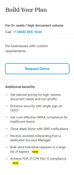 Signeasy Build Your Plan custom pricing plan details
