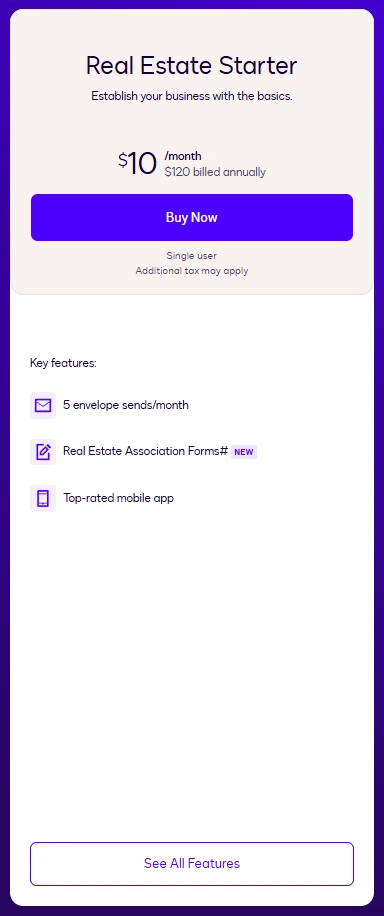 Docusign Real Estate Starter pricing plan details
