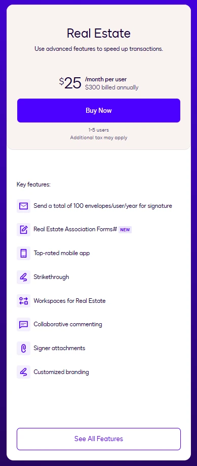 Docusign Real Estate pricing plan details