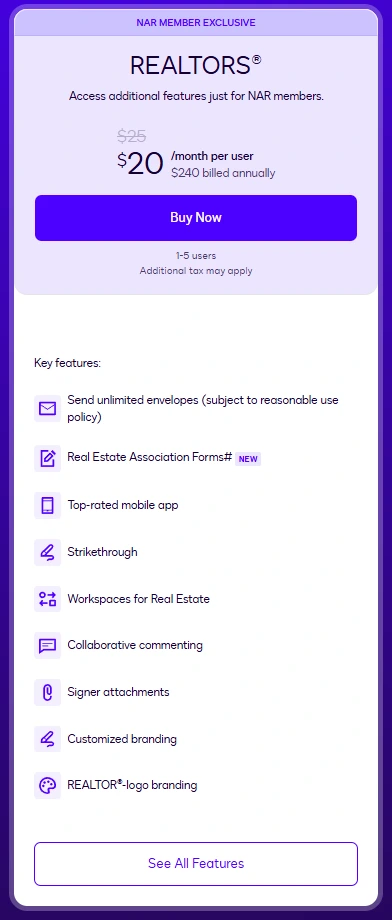Docusign REALTORS pricing plan details