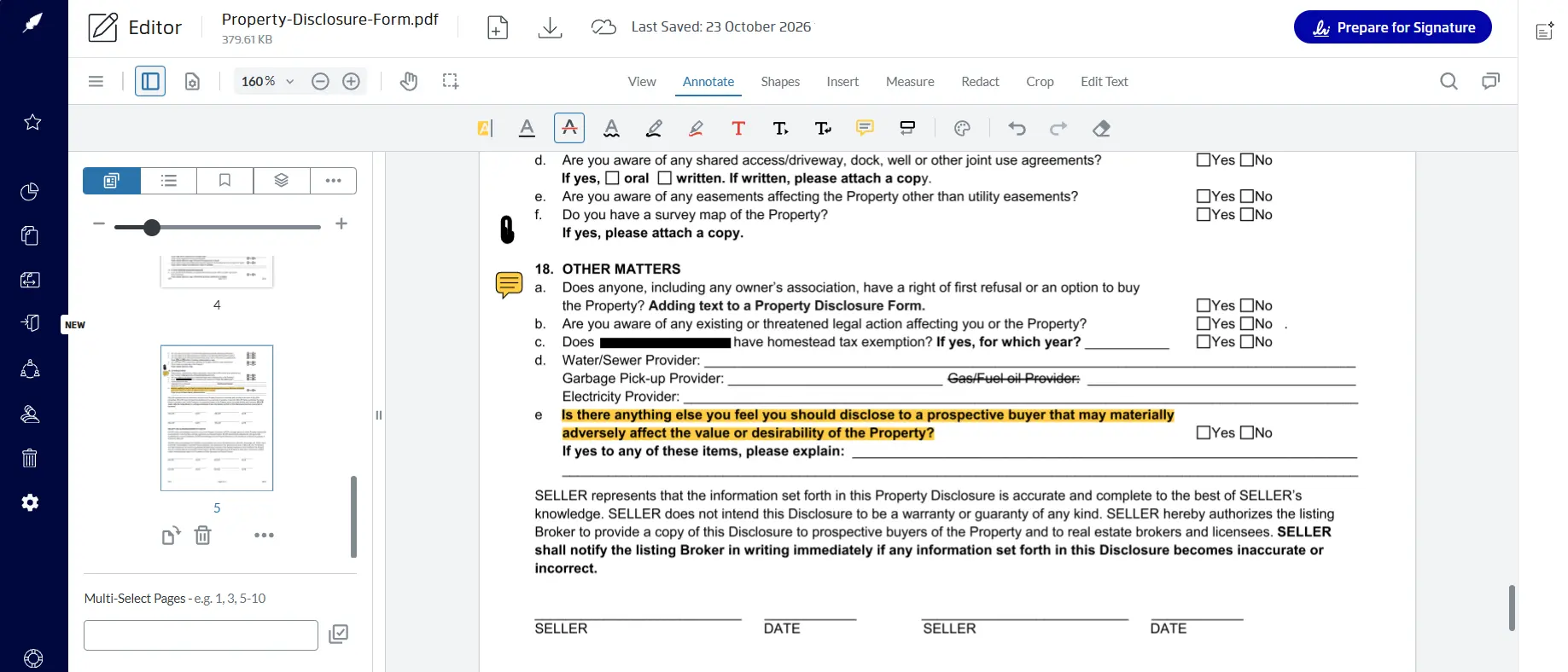 Editing a real estate PDF using the PDF editor inside Xodo Sign
