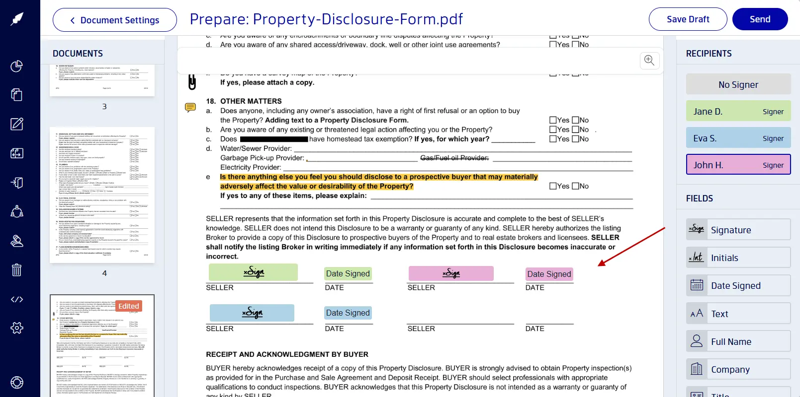 Signature fields assigned to two recipients on a real estate disclosure PDF