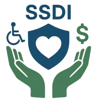 SSDI icon showing hands holding a heart and symbols for disability and financial support.