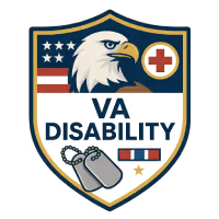 VA disability benefits icon showing eagle, military symbols, and medical cross representing veteran support.