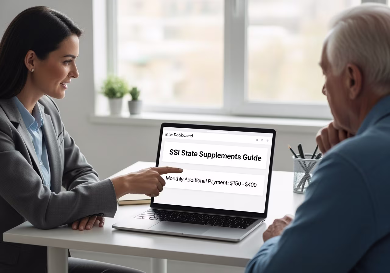 Advisor explaining SSI State Supplements Guide and payment amounts to senior client.