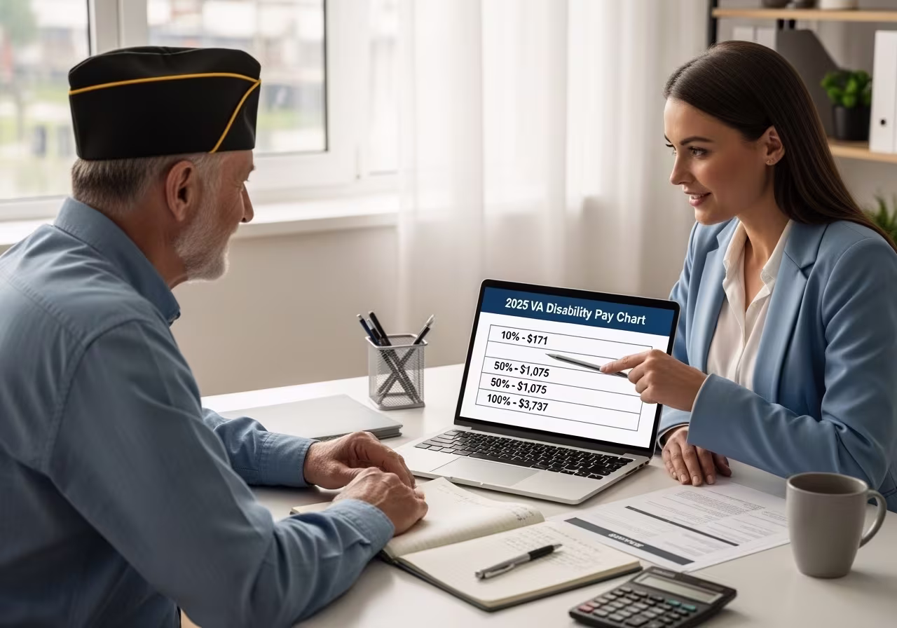 Veteran meeting with advisor to review 2025 VA disability compensation rates chart.