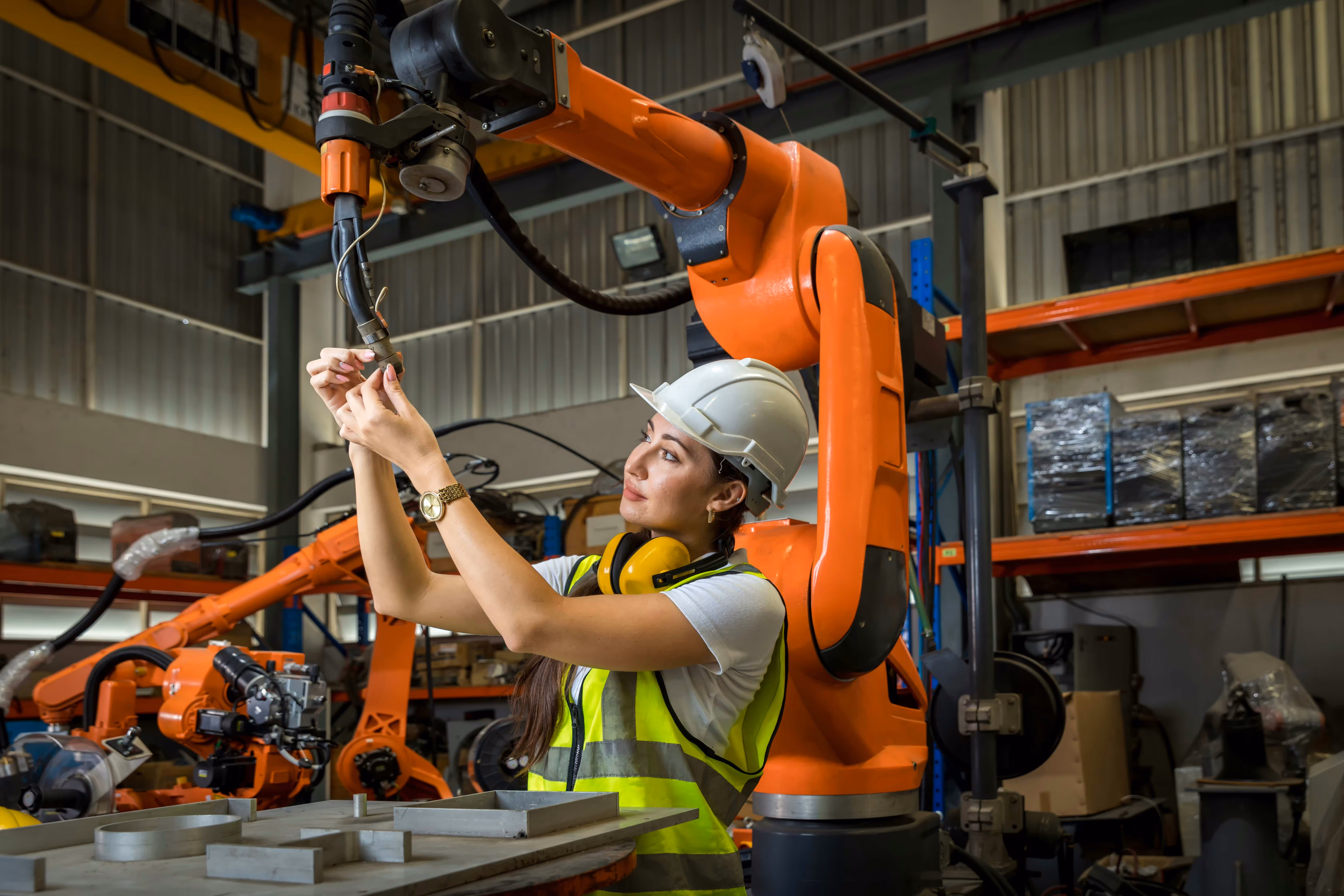 Female engineer in a hard hat and safety vest inspects a robotic arm in a workshop. Background features industrial equipment.