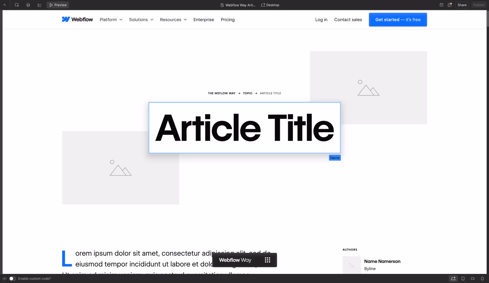 A screenshot of Webflow showing a static page template for The Webflow Way,