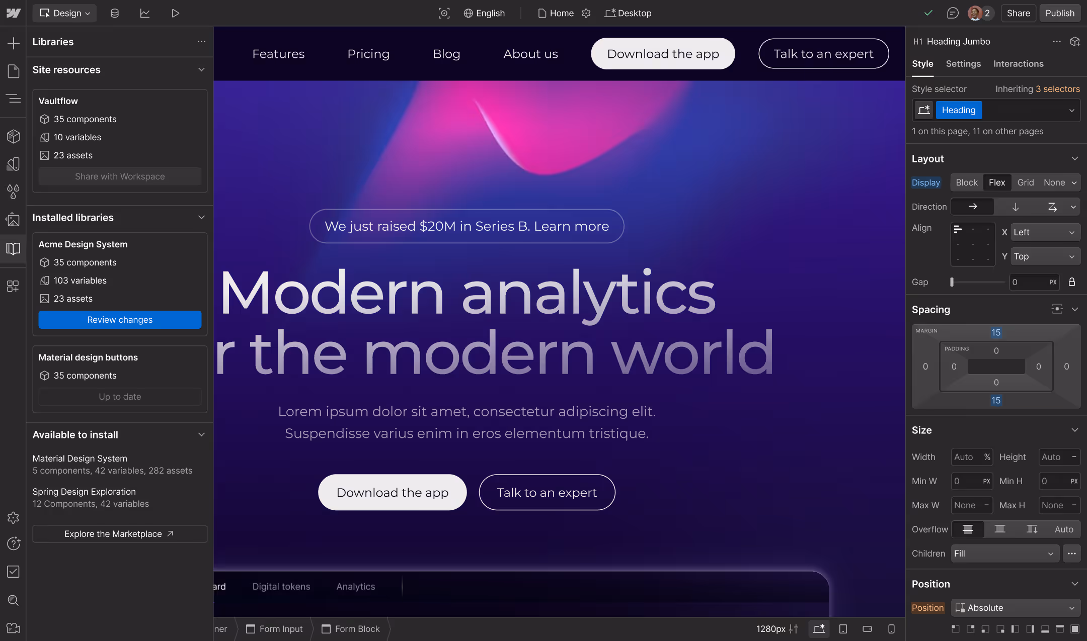 A screenshot of Webflow showing an installed library, including components, variables, and assets.