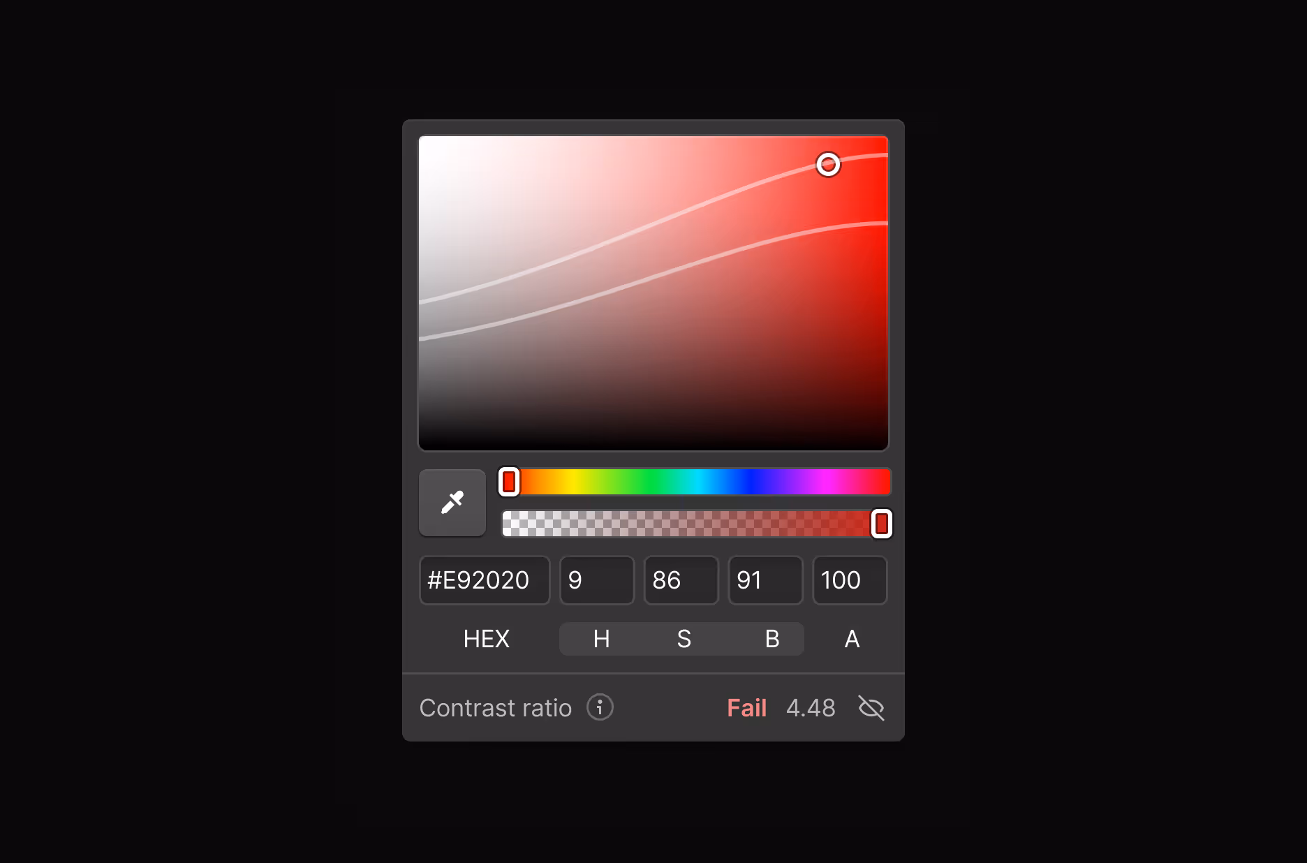 A screenshot of the Webflow contrast checker showing a failing ratio of 4.48:1.