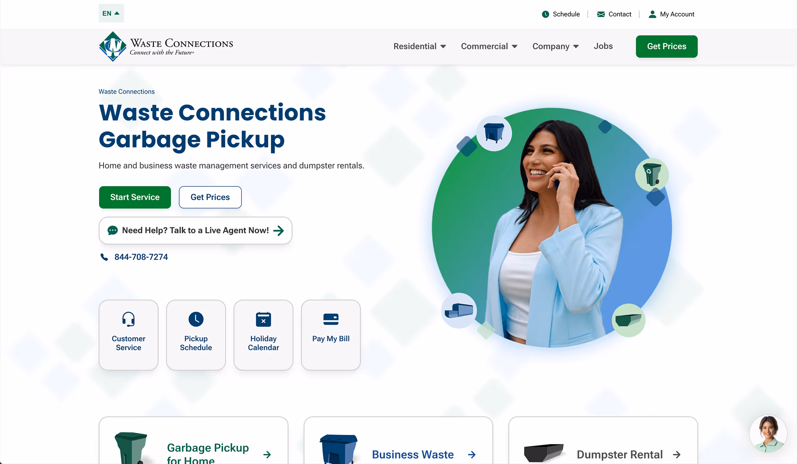 A screenshot of the Waste Connections home page.