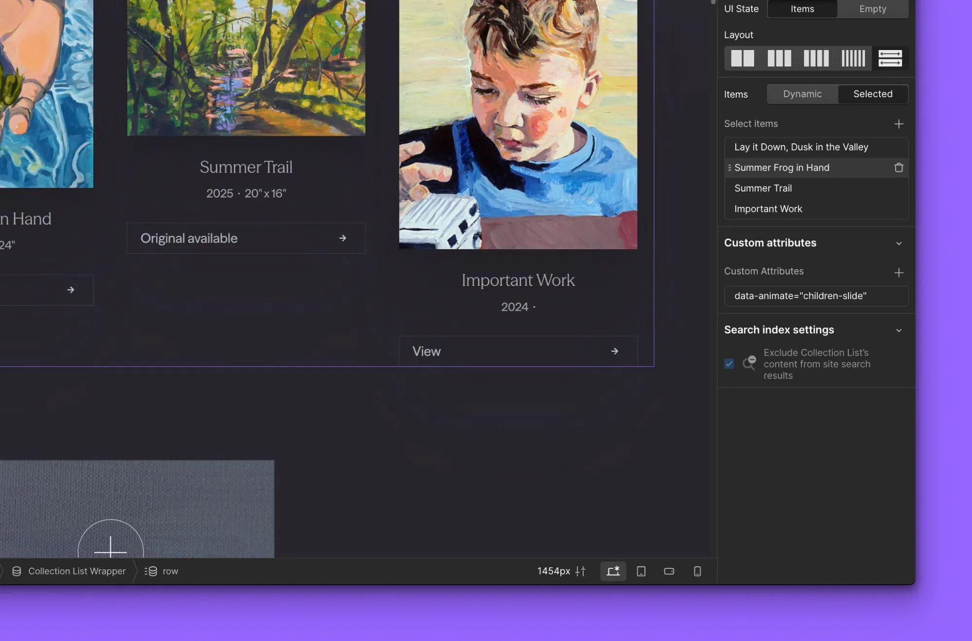 A screenshot of Webflow with a CMS curated list selected.