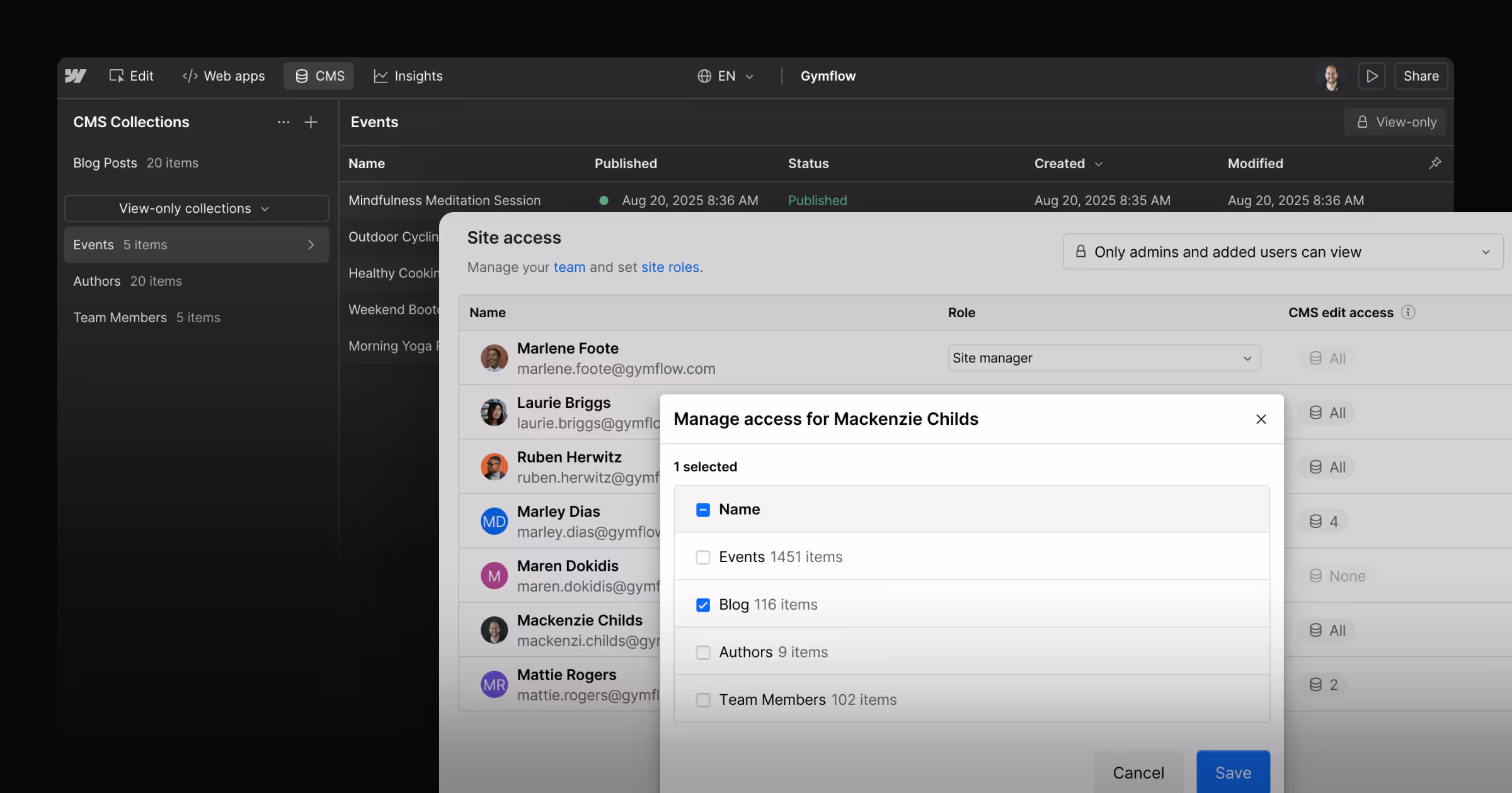 Screenshots of Webflow showing settings for an individual user and the corresponding collection lists they are permitted to access.