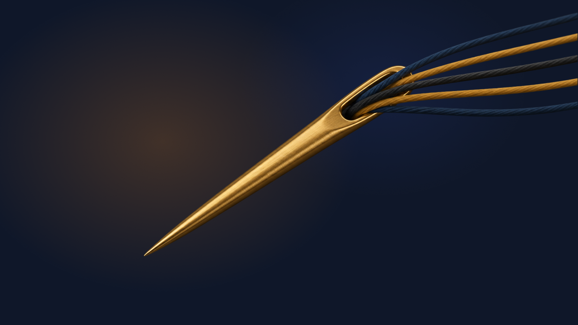 Golden needle on a dark blue background with several gold and navy threads running through its eye, symbolizing many small orders running through one creditor