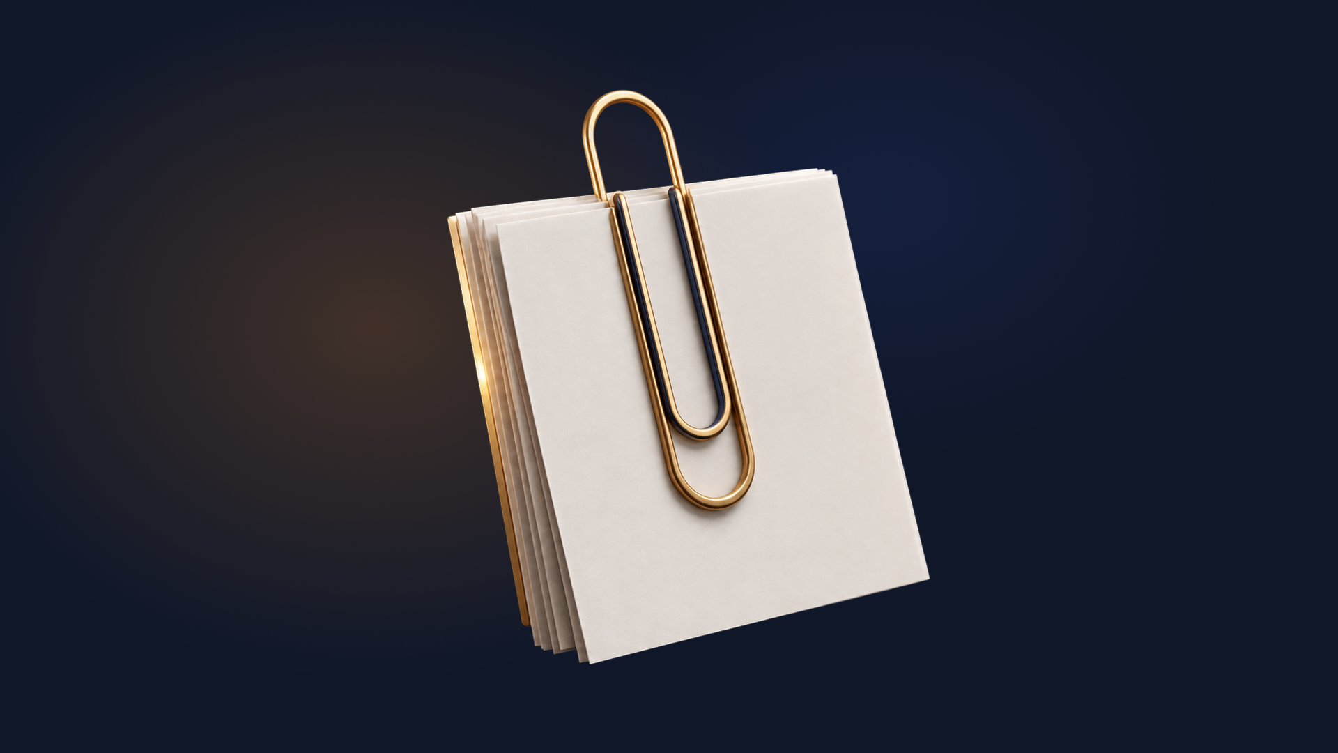 Golden paper clip with a dark navy accent holding a stack of blank sheets together, on a dark blue background