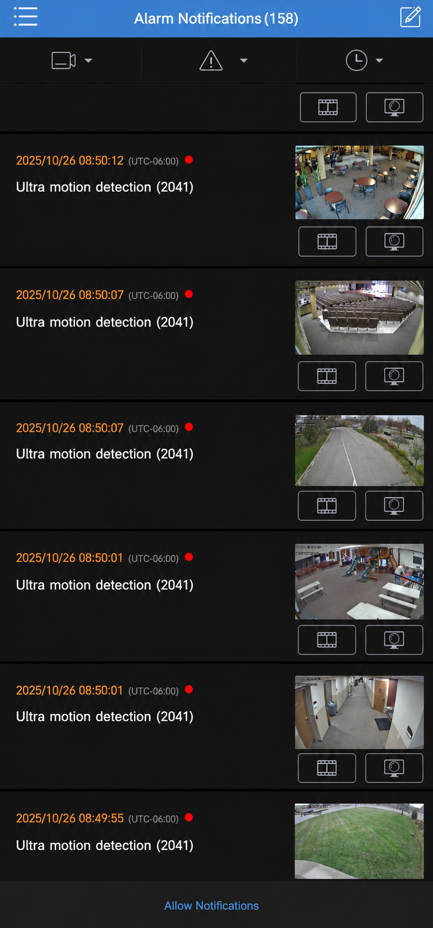 Mobile security app displaying real-time camera motion notifications.