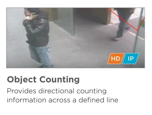 AI object counting security camera showing two people crossing a defined line for directional traffic analysis.
