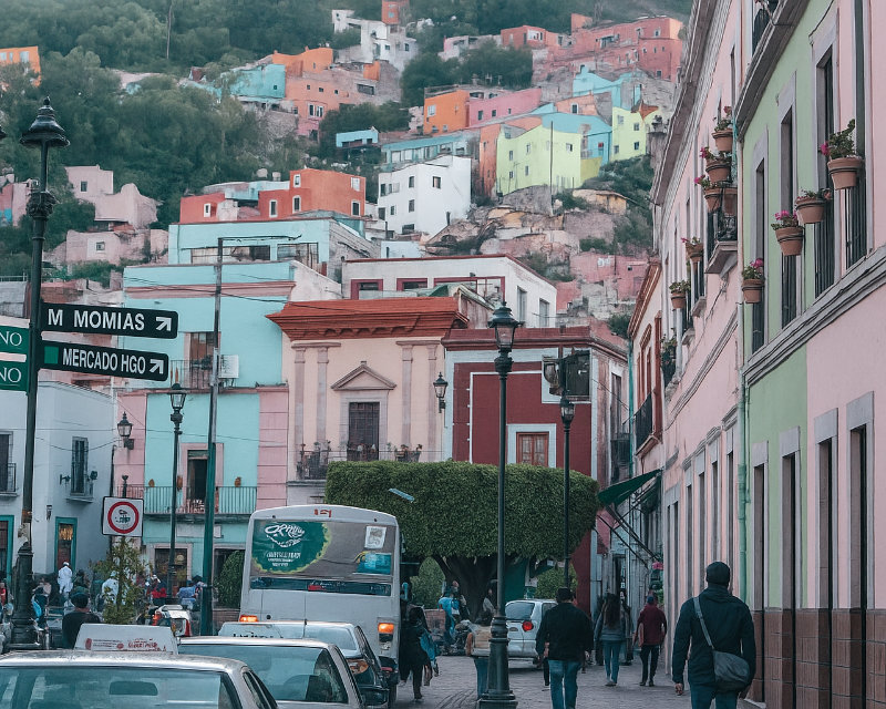 Glancing down a hilly street in Mexico