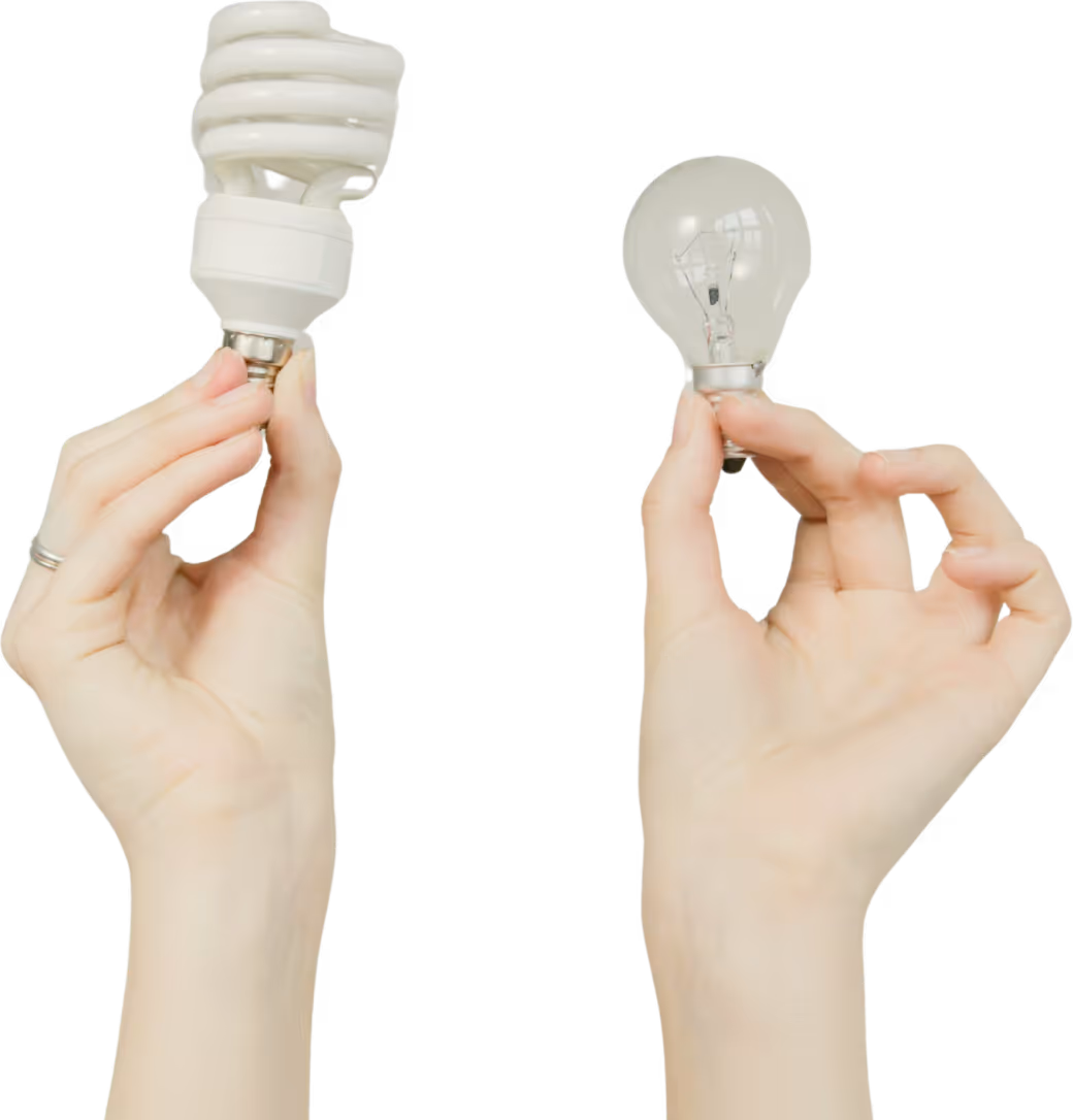 Une personne tient une ampoule fluorescente compacte dans une main et une ampoule à incandescence dans l'autre.