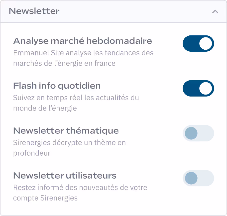 Paramètres de la lettre d'information avec des options pour l'analyse hebdomadaire du marché, les mises à jour quotidiennes, les lettres d'information thématiques et les mises à jour de l'utilisateur.