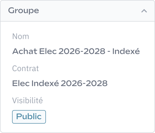 Panneau d'information du groupe affichant le nom "Achat Elec 2026-2028 - Indexé", les détails du contrat et le statut de visibilité "Public".