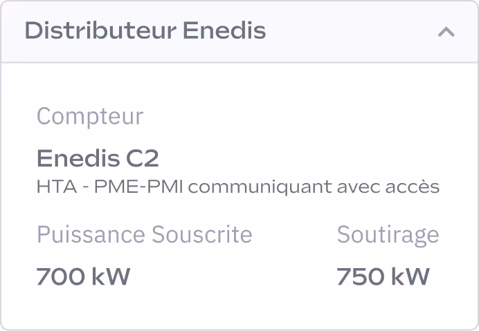 Carte d'information pour le distributeur Enedis, indiquant les détails du compteur et les caractéristiques de la puissance : 700 kW souscrits, 750 kW supportés.