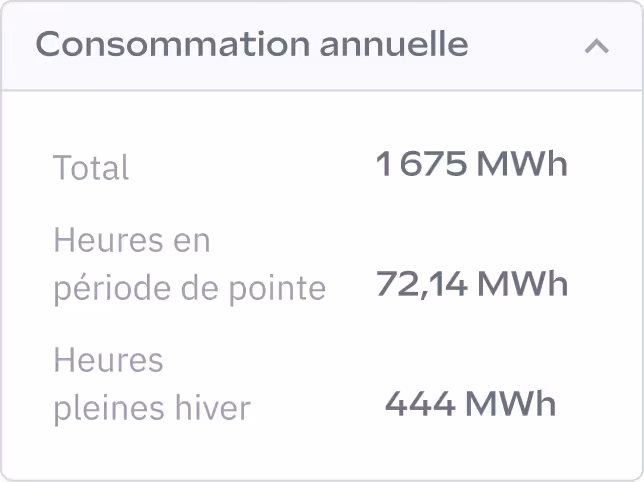 Rapport annuel de consommation indiquant une utilisation totale de 1675 MWh, des heures de pointe de 72,14 MWh et des heures d'hiver complètes de 444 MWh.