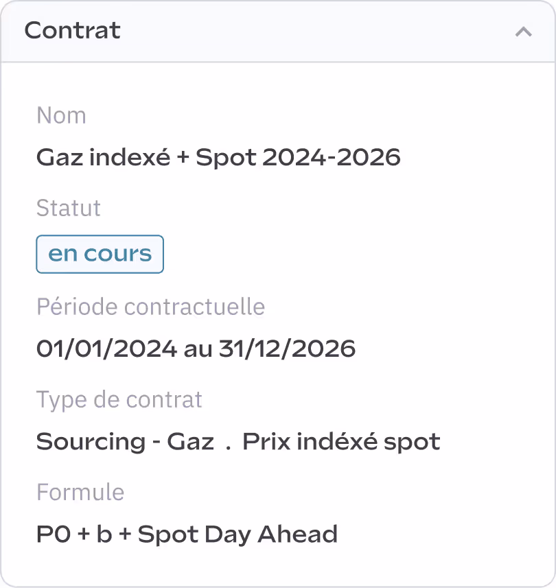Affichage des détails du contrat : Gaz indexé + Spot 2024-2026, en cours, du 01/01/2024 au 31/12/2026, formule de tarification incluse.