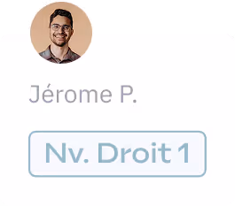 Profile card for Jérôme P. featuring a circular photo of him and the text "Nv. Droit 1" below.