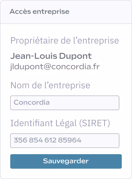Formulaire d'accès professionnel comprenant le nom du propriétaire, l'adresse e-mail, le nom de l'entreprise et le numéro d'identification légal, avec un bouton « Enregistrer ».