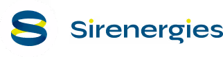 Logo de Sirenergies représentant un « S » stylisé en bleu et jaune, avec le nom de la société écrit en bleu.