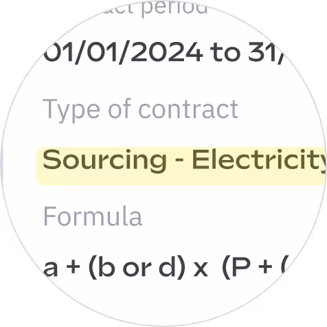 Text snippet showing contract details for "Sourcing - Electricity" highlighted, including a formula for calculation.