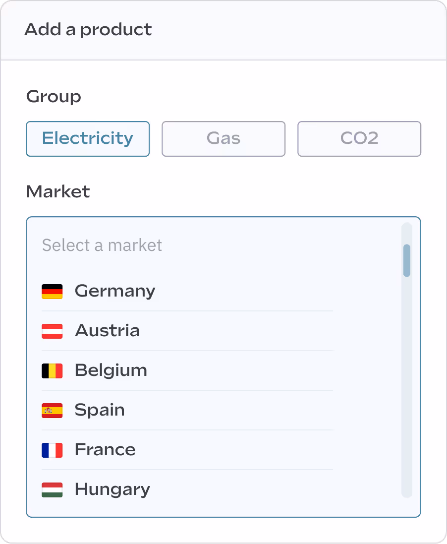 Interface showing an option to add a product, selecting between Electricity, Gas, and CO2, with a dropdown for various European markets.