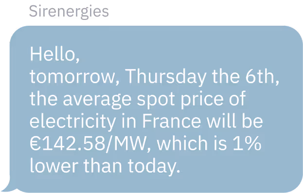 Text message from Sirenergies stating the average spot price of electricity in France will be €142.58/MW, 1% lower than today.