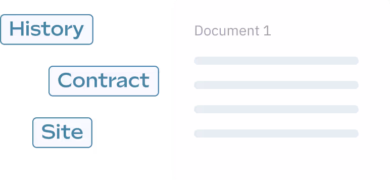 Interface displaying navigation options: "History," "Contract," "Site," alongside a placeholder for "Document 1" content.