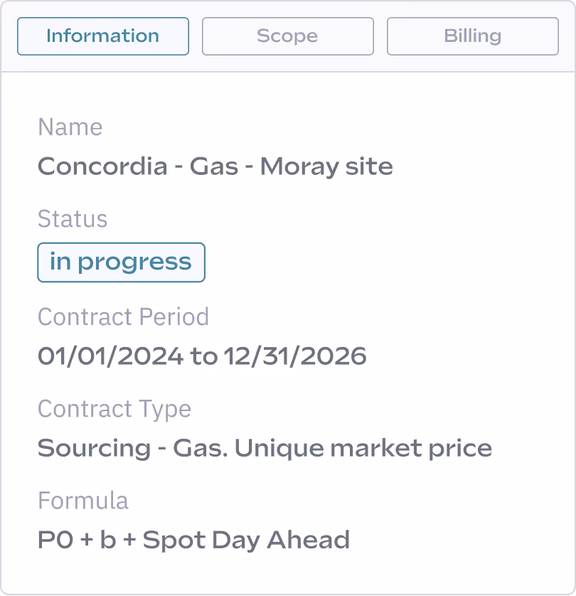Project details for "Concordia - Gas - Moray site," status: in progress, contract from 01/01/2024 to 12/31/2026, unique market price formula provided.