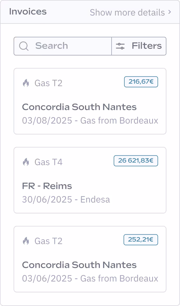 Invoices list featuring three entries: gas services, including details on dates, locations, and amounts.