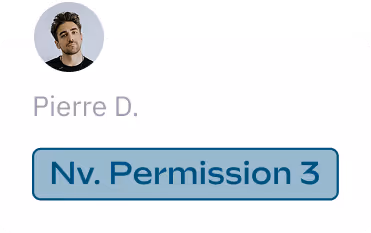 User interface displaying a profile picture of a person named Pierre D. with a "Nv. Permission 3" button beneath it.