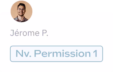 Profile card for Jérôme P. featuring a circular photo and "Nv. Permission 1" label below the name.