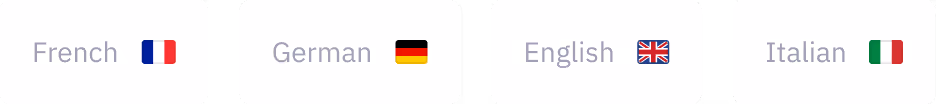 Language options with flags: French, German, English, and Italian.