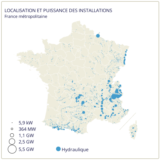 Carte sur la localisation et la puissance des installations hydroélectriques en France 