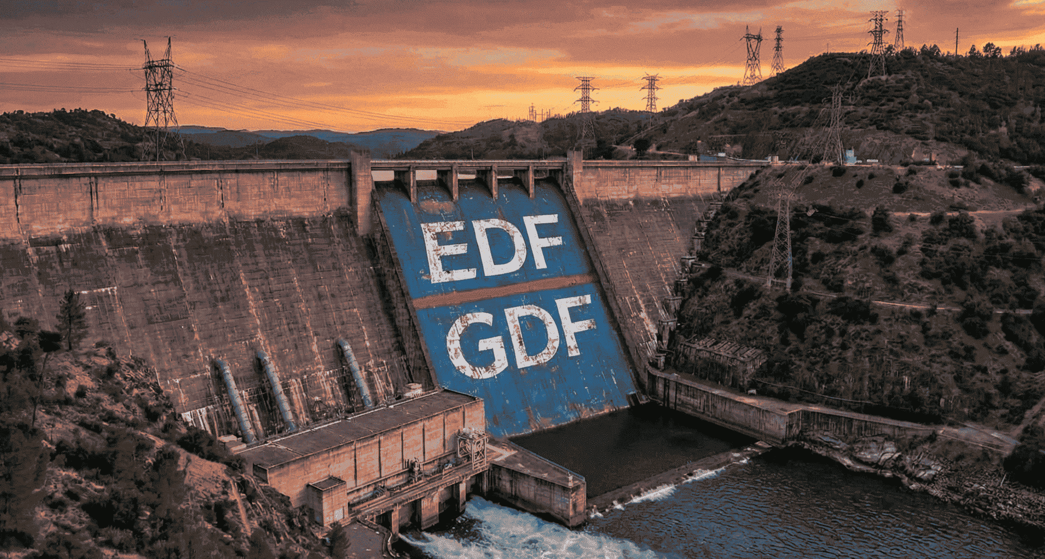 Photographie historique d'un barrage hydroélectrique arborant le logo EDF GDF, illustrant le patrimoine et l'histoire de la production d'énergie nationale avant l'ouverture du marché.